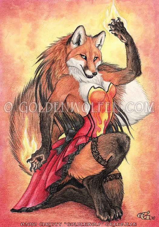 breasts canine clothed clothing dress female fire fox fur goldenwolf hair kneeling legwear long_hair looking_at_viewer magic mammal orange_fur simple_background skimpy smile solo stockings watermark