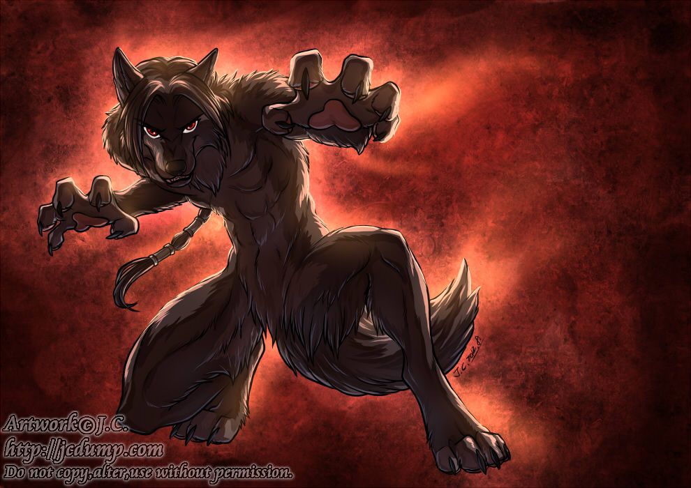 abs abstract_background anthro braid canine claws crouching fangs fur hair jc looking_at_viewer male mammal muscles naskatan nude paws pecs ponytail pose red_eyes short_hair solo toe_claws were werewolf wolf