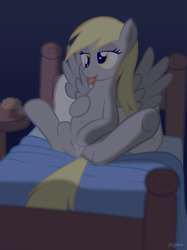 bed blanket blonde_hair derpy_hooves_(mlp) equine female feral food friendship_is_magic fur grey_fur hair horse jepso mammal masturbation muffin my_little_pony pegasus pillow pony pussy pussy_juice solo table tongue tongue_out wings wood