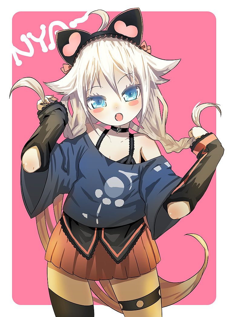 ahoge animal_ears bad_id bad_pixiv_id bare_shoulders blue_eyes blush_stickers braid cat_ears fake_animal_ears ia_(vocaloid) kanipanda long_hair looking_at_viewer open_mouth single_thighhigh skirt solo thighhighs twin_braids very_long_hair vocaloid