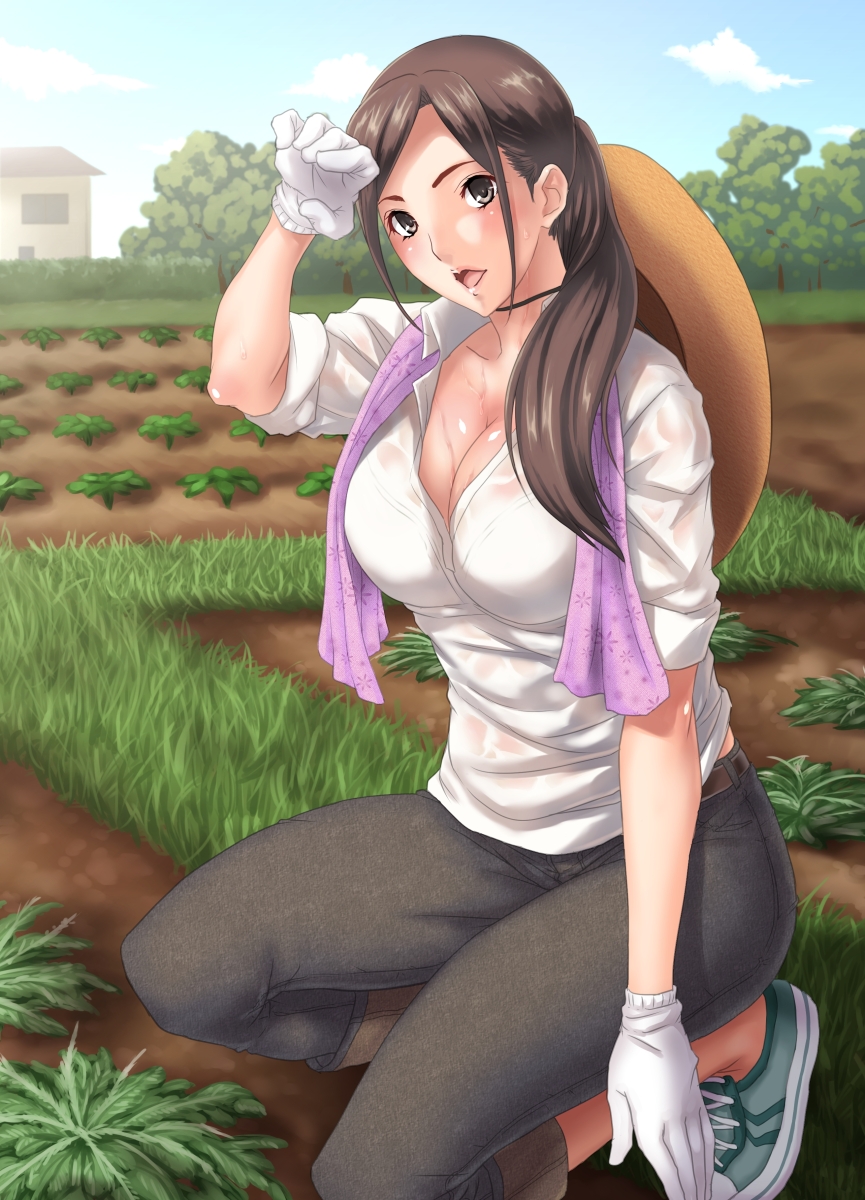 breasts brown_eyes brown_hair cleavage denim dirt farm field gloves grass hat highres jeans kill_time_communication kneeling large_breasts long_hair mature original pants ponytail rokko sleeves_rolled_up solo sweat