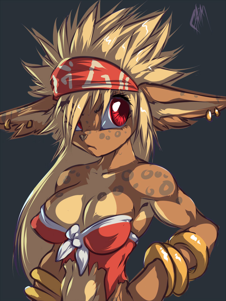 big_breasts bracelet breasts clothed clothing ear_piercing female hair headband jewelry long_hair midriff muscles muscular_female piercing plain_background puddin red_eyes skimpy solo thefuckingdevil