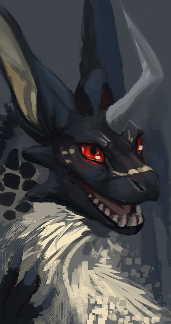 dragon facial_markings fangs firefeathers happy horn markings open_mouth plain_background portrait red_eyes sketch solo