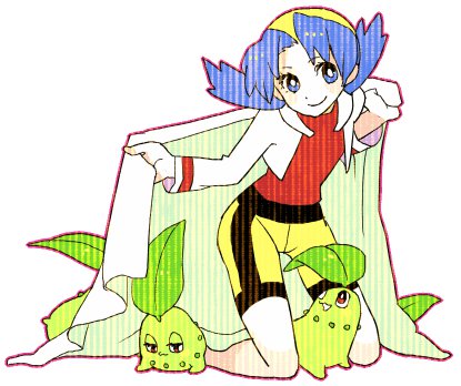 :3 bad_id bad_pixiv_id bangs bike_shorts blue_hair chikorita crystal_(pokemon) gen_2_pokemon gum_(gmng) lowres pokemon pokemon_(creature) pokemon_(game) pokemon_gsc twintails
