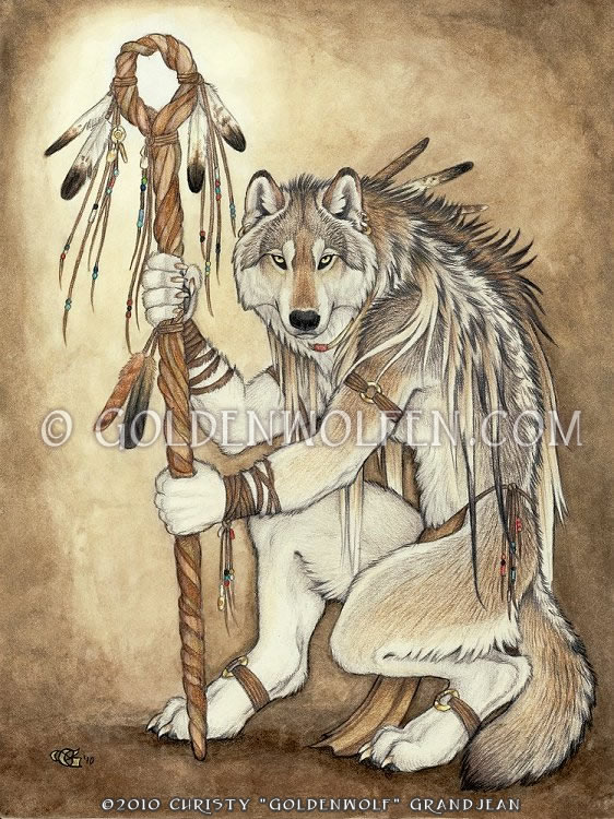 crouching feathers goldenwolf loincloth looking_at_viewer male mammal necklace polearm simple_background staff tribal watermark wolf