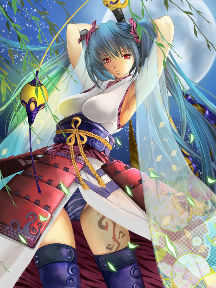 amami. armpits arms_up blue_hair boots leaf long_hair looking_at_viewer looking_down original panties red_eyes solo thigh_boots thighhighs twintails underwear very_long_hair weapon wind