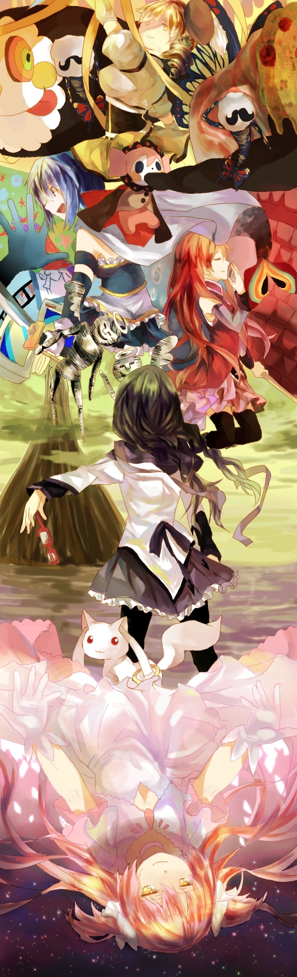 akemi_homura arm_up bad_id bad_pixiv_id banned_artist black_hair blonde_hair blue blue_hair braid charlotte_(madoka_magica) closed_eyes from_behind glasses highres kashimaki kyubey long_hair looking_at_viewer mahou_shoujo_madoka_magica miki_sayaka multiple_girls oktavia_von_seckendorff open_mouth outstretched_arm outstretched_arms pantyhose pink_hair profile red red-framed_eyewear red_hair ribbon sakura_kyouko short_hair smile space spread_arms star sword thighhighs tomoe_mami twin_braids two_side_up ultimate_madoka weapon yellow_eyes