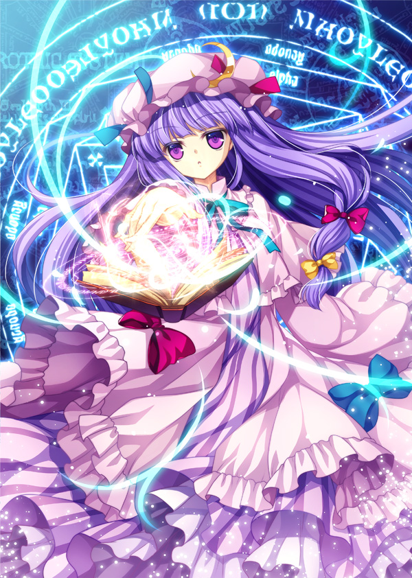 book bow capelet capura_lin crescent hair_bow hat long_hair long_sleeves magic_circle patchouli_knowledge purple_eyes purple_hair solo touhou very_long_hair wide_sleeves
