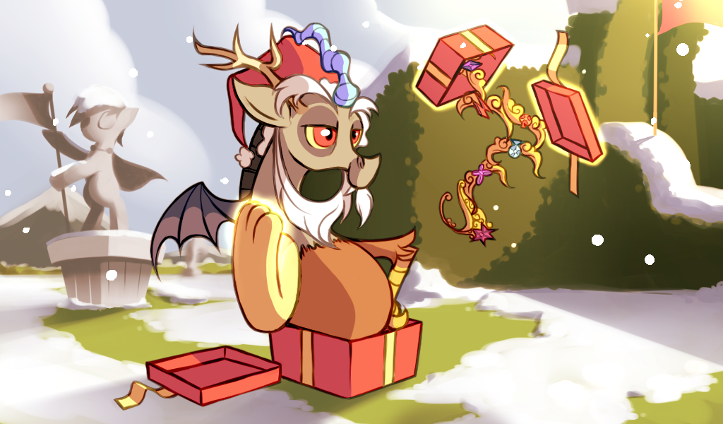 cloud clouds discord_(mlp) draconequus elements_of_harmony fake_beard feral friendship_is_magic gift grass hat holidays karzahnii magic male my_little_pony outside sculpture snow solo statue xmas yellow_eyes