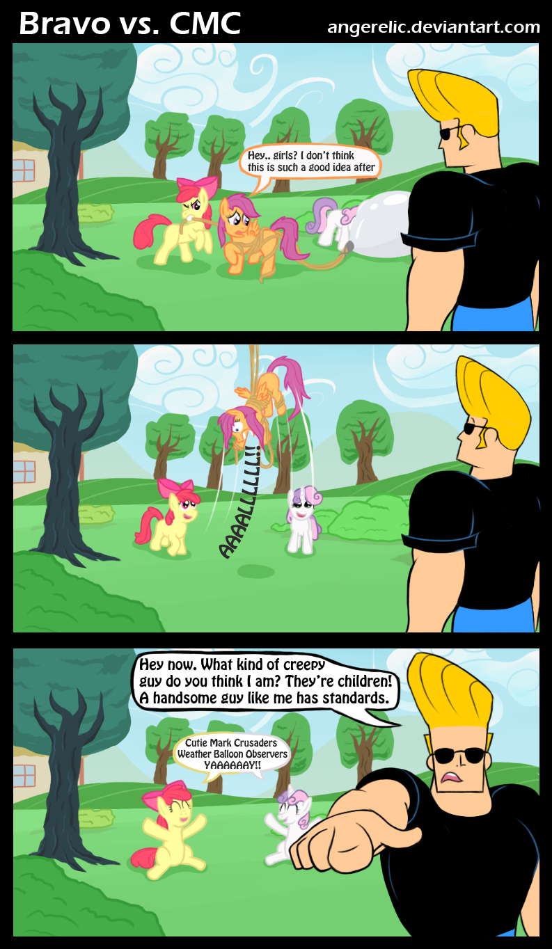 angerelic apple_bloom_(mlp) blonde_hair clothing comic cub cutie_mark_crusaders_(mlp) dialog dialogue english_text equine eyewear female feral friendship_is_magic group hair horn horse human jeans johnny_bravo johnny_bravo_(series) male mammal my_little_pony pegasus pony scootaloo_(mlp) shirt sunglasses sweetie_belle_(mlp) text unicorn wings young