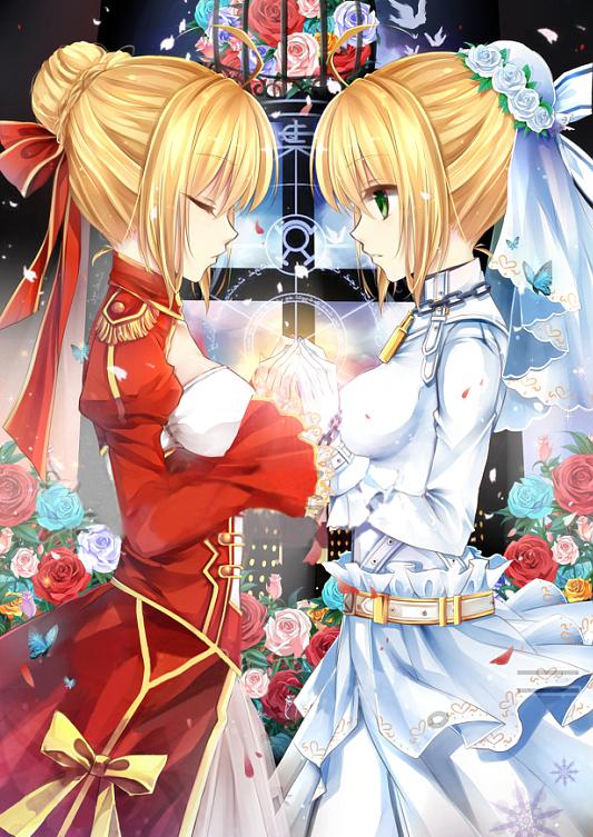ahoge bad_id bad_pixiv_id belt blonde_hair bodysuit bow breasts cleavage closed_eyes dress dual_persona epaulettes fate/extra fate/extra_ccc fate_(series) flower gloves green_eyes hair_ribbon ing3636 lock magic_circle medium_breasts multiple_girls nero_claudius_(bride)_(fate) nero_claudius_(fate) nero_claudius_(fate)_(all) padlock ribbon rose veil white_bodysuit