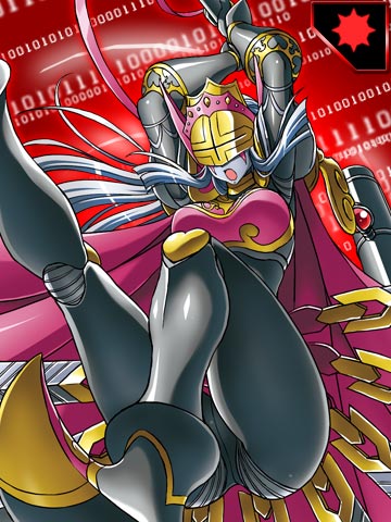 armor ass butt cape digimon digimon_collectors facial_mark female hair hammer helmet long_hair lowres mask monster_girl not_furry open_mouth plain_background pov queenchessmon red_background silver_hair solo unknown_artist upskirt white_hair