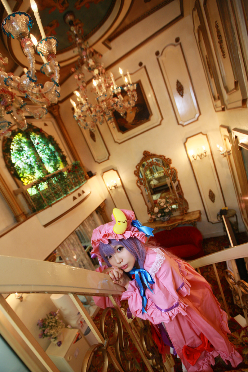 1girl asian cosplay crescent dress female hat highres long_hair patchouli_knowledge photo purple_hair solo stairs tenshi_myu touhou