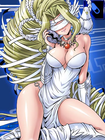 1girl bird blindfold blonde_hair blue_background breasts butt choker clam cleavage clothed clothing covered_eyes digimon digimon_collectors dove dress female feral hair hetero huge_breasts human jewelry long_hair lowres mammal monster_girl necklace not_furry official_art olympos_xii oyster plain_background sitting smirk solo thighs unknown_artist venusmon very_long_hair wide_hips