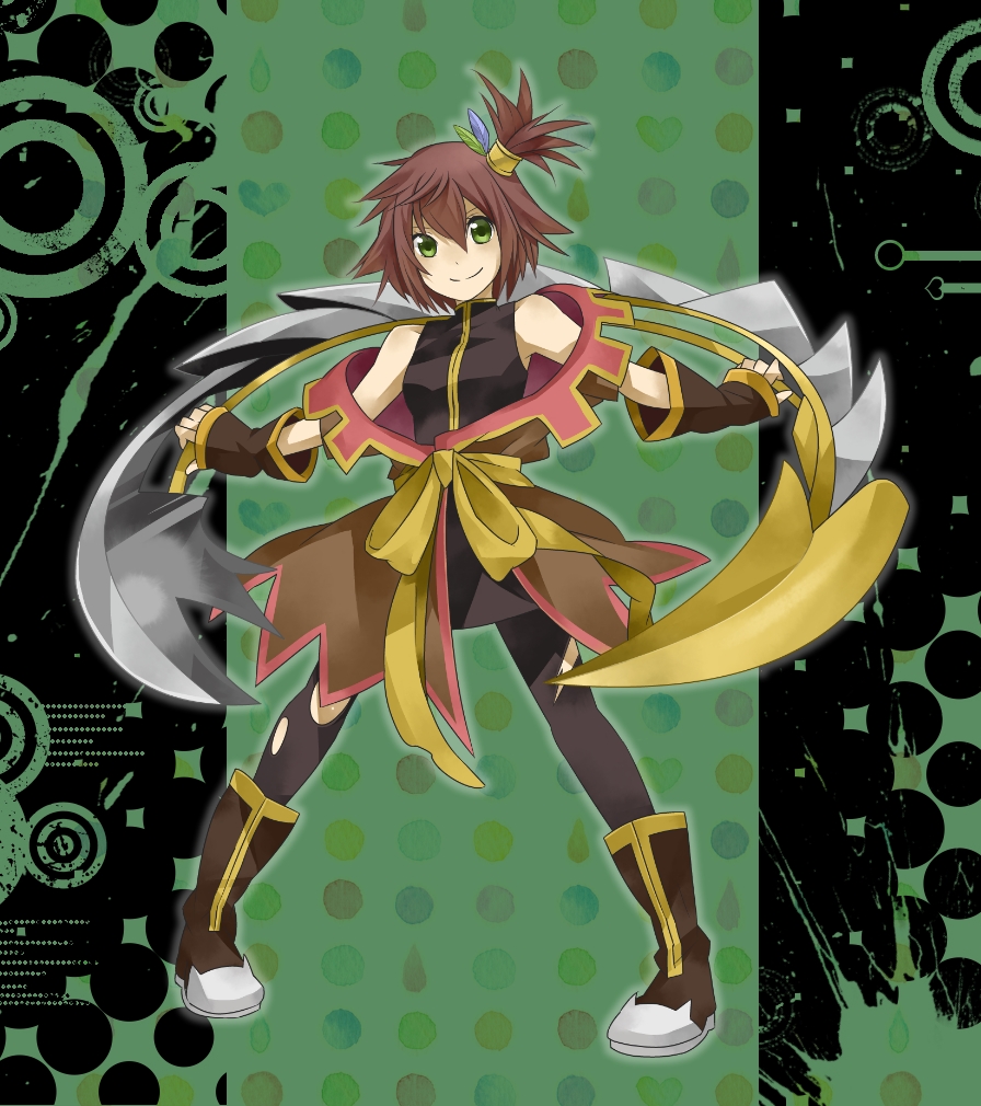 boots brown_hair coat full_body green_background green_eyes juria0801 nan_(tales) short_hair side_ponytail smile solo spandex tales_of_(series) tales_of_vesperia torn_clothes weapon