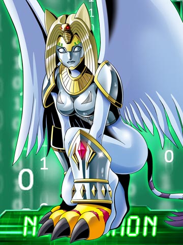 animal_ears armor cat_ears cat_tail claws digimon digimon_collectors egyptian feline female fur gauntlets green_background kneeling lowres mammal mask monster_girl nefertimon plain_background shoulder_pads solo sphinx tail unknown_artist white_feathers white_fur wings