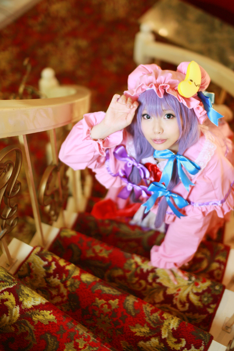 1girl asian cosplay crescent dress female hat highres long_hair patchouli_knowledge photo purple_hair solo stairs tenshi_myu touhou