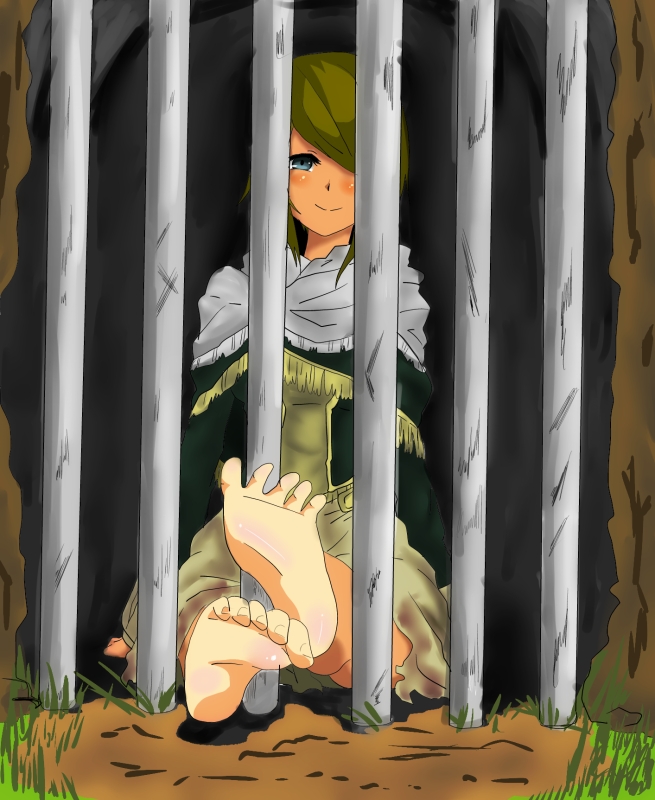 anastacia_of_astora bad_feet barefoot bars blue_eyes blush cage capelet dark_souls feet fringe_trim hair_over_one_eye happy i_b_b_e in_cage pov_feet sitting smile soles solo souls_(from_software) spread_toes toe_scrunch toes wiggling_toes
