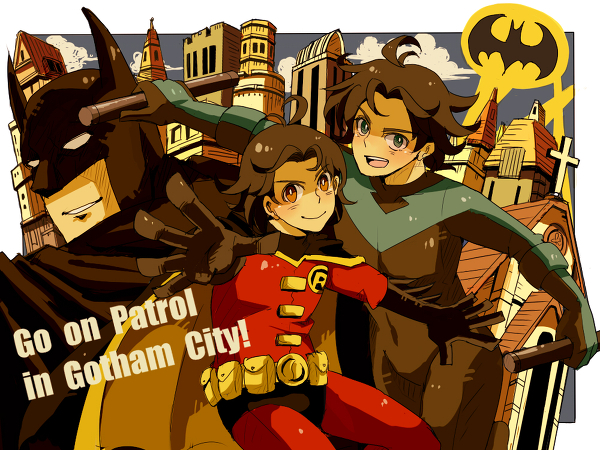 3boys bat_signal batman batman_(series) belt brother brothers bruce_wayne building cape church city dc_comics dick_grayson family father father_and_son male male_focus mask mask_removed multiple_boys nightwing pixiv_thumbnail resized robin_(dc) siblings smile son tim_drake