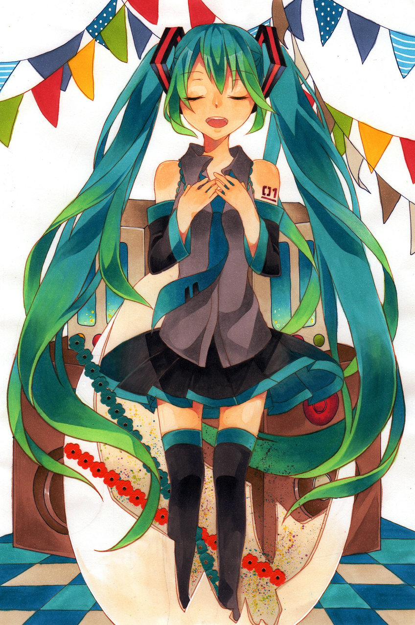 bad_id bad_pixiv_id closed_eyes detached_sleeves egg green_hair hands_on_own_chest hatsune_miku highres long_hair marker_(medium) necktie open_mouth rafuran skirt solo thighhighs traditional_media twintails very_long_hair vocaloid