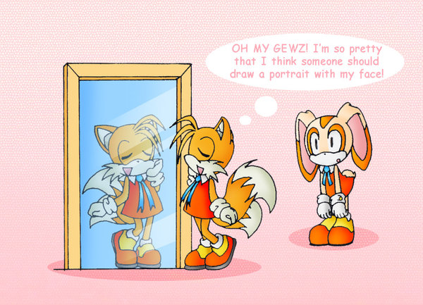 canine clothing cream_the_rabbit crossdressing duo female fox male mammal miles_prower mirror multiple_tails ookalmaoo sega sonic_(series) young