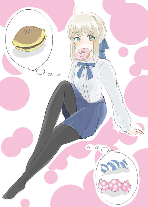 ac0 ahoge artoria_pendragon_(all) blonde_hair blush candy doughnut eating fate/stay_night fate_(series) feet food hair_ribbon imagining legs long_sleeves pantyhose ribbon saber skirt solo thought_bubble