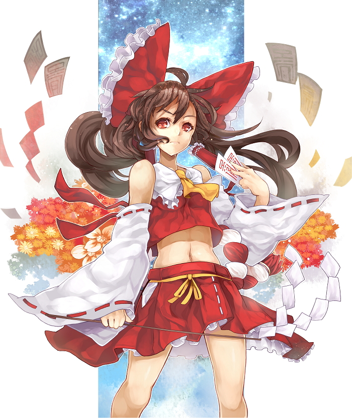 &gt;:( ascot bare_shoulders bow brown_hair detached_sleeves dual_wielding flower frown gohei hair_bow hair_tubes hakurei_reimu himuro_(dobu_no_hotori) holding japanese_clothes long_hair midriff navel ofuda red_eyes skirt solo touhou v-shaped_eyebrows wide_sleeves wind