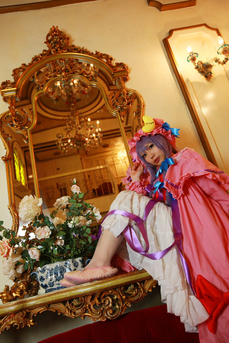 1girl asian cosplay crescent dress female flower hat highres long_hair mirror patchouli_knowledge photo purple_hair solo tenshi_myu touhou