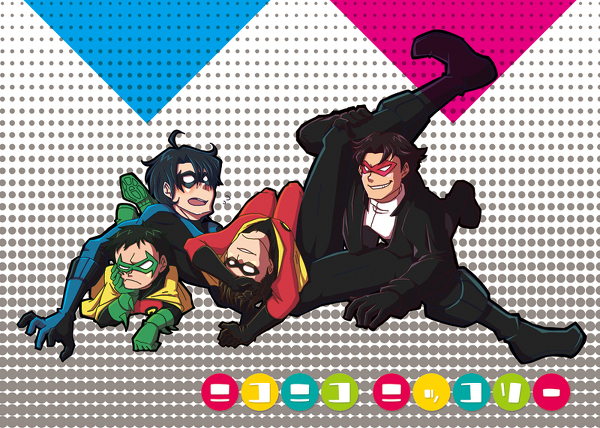 4boys batman_(series) black_hair bodysuit boots brothers cape damian_wayne dc_comics dick_grayson domino_mask family frown gloves grin jason_todd ladama male male_focus mask multiple_boys nightwing pixiv_thumbnail red_hood red_hood_(dc) red_robin resized robin_(dc) siblings smile tim_drake