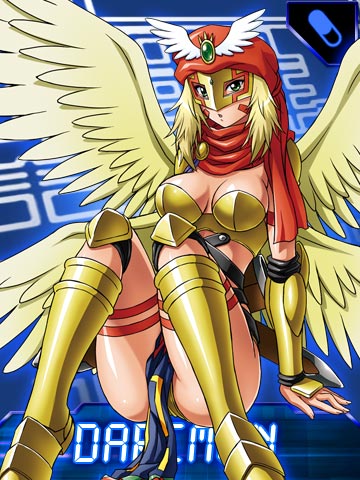 angel arm_guards armor blonde_hair body_markings boots breastplate breasts butt cleavage d'arcmon d'arcmon digimon digimon_collectors facial_mark facial_markings female gloves green_eyes hair hat helmet knee_guards large_breasts loincloth lowres mask monster_girl panties pantyshot scarf shin_guards sitting solo strap straps tattoo underwear unknown_artist wings