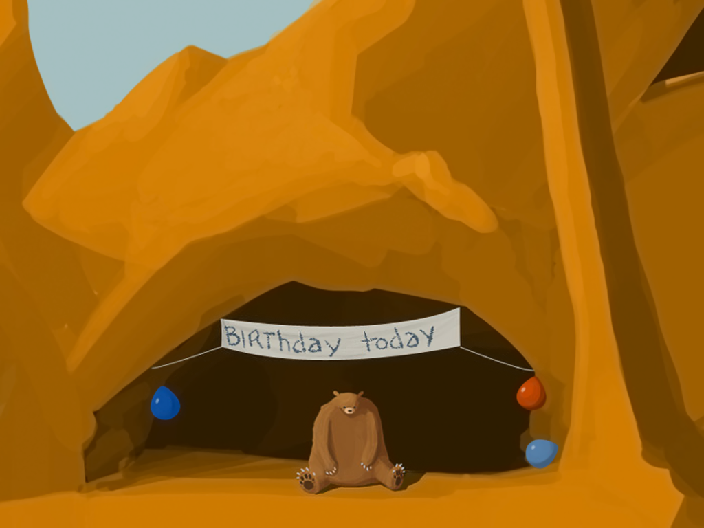 ambiguous_gender balloon balloons banner bear birthday birthday_party black_eyes black_nose blue_mood brown_fur cave english_text feral fur mammal nedroid outside overweight party sad sitting solo text unknown_artist wallpaper warm_colors