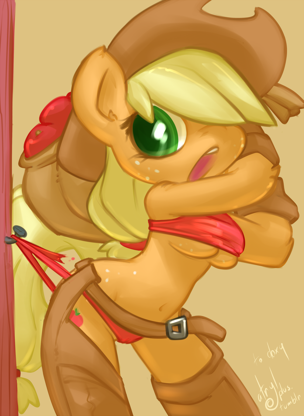 2021 anthro anthrofied apple applejack_(mlp) atryl blonde_hair breasts camel_toe cowboy_hat equine female friendship_is_magic fruit green_eyes hair hat horse long_hair mammal my_little_pony open_mouth panties pony solo underwear