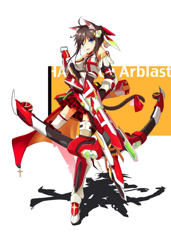 animal_ears armor blue_eyes bow_(weapon) breasts brown_hair cat_ears cat_tail crossbow fatkewell gauntlets greaves huge_weapon medium_breasts original skirt skirt_lift tail weapon
