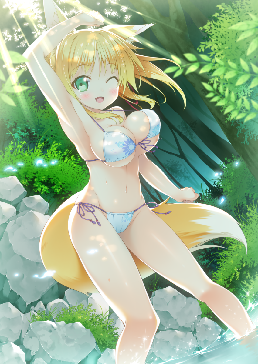 big_breasts bikini blonde_hair blush breasts clothed clothing female fox_ears fox_tail green_eyes hair ichi_makoto looking_at_viewer one_eye_closed skimpy solo swimsuit