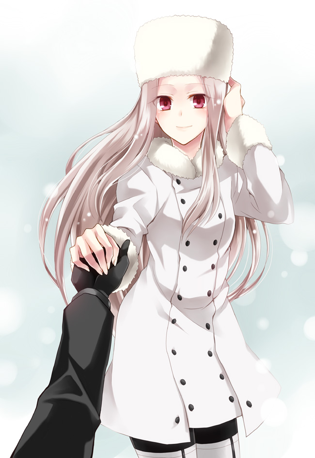 bad_id bad_pixiv_id black_gloves blush fate/zero fate_(series) gloves hat holding_hands irisviel_von_einzbern kubyou_azami long_hair out_of_frame pantyhose pov pov_hands red_eyes silver_hair smile snowing solo_focus white_background