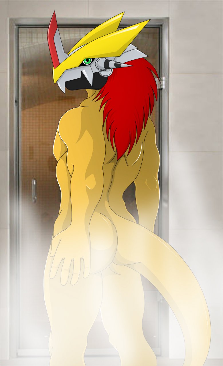 at back biceps butt danielssj digimon eyes family fur green_eyes greymon invalid_color looking looking_at_viewer male mask muscles nude pecs pose shower solo standing steam victory victorygreymon wargreymon wiever