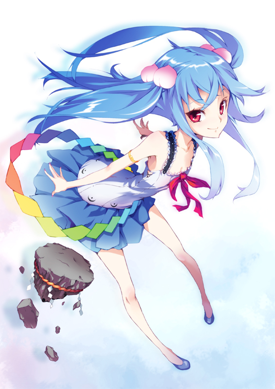 alternate_hairstyle blue_hair dress food fruit hinanawi_tenshi hong_(white_spider) keystone long_hair looking_at_viewer no_hat no_headwear peach red_eyes smile solo touhou twintails
