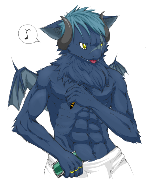 anthro beast biceps blue_fur chimera demon fangs fur horn hybrid inukai_taina jewelry male muscles musical_note pecs pen plain_background pose ring scar solo standing tongue topless towel white_background wings yellow_eyes