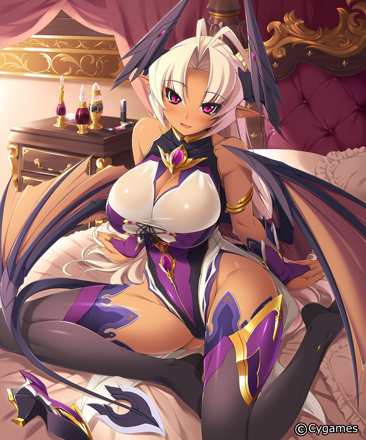 bed bedroom black_legwear blush breasts bridal_gauntlets bursting_breasts canopy_bed cleavage dark_skin demon_girl demon_horns demon_tail demon_wings drawer groin head_wings horns indoors kamyuria large_breasts long_hair looking_at_viewer md5_mismatch mel/a on_bed open_mouth pillow pointy_ears purple_eyes shingeki_no_bahamut sitting smile solo succubus tail thighhighs vial watermark white_hair wings yokozuwari