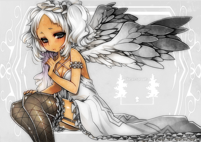 :&lt; bare_shoulders blush breasts dark_skin garter_straps hat looking_at_viewer medium_breasts original patatata silver_eyes sitting solo thighhighs twintails white_hair wings