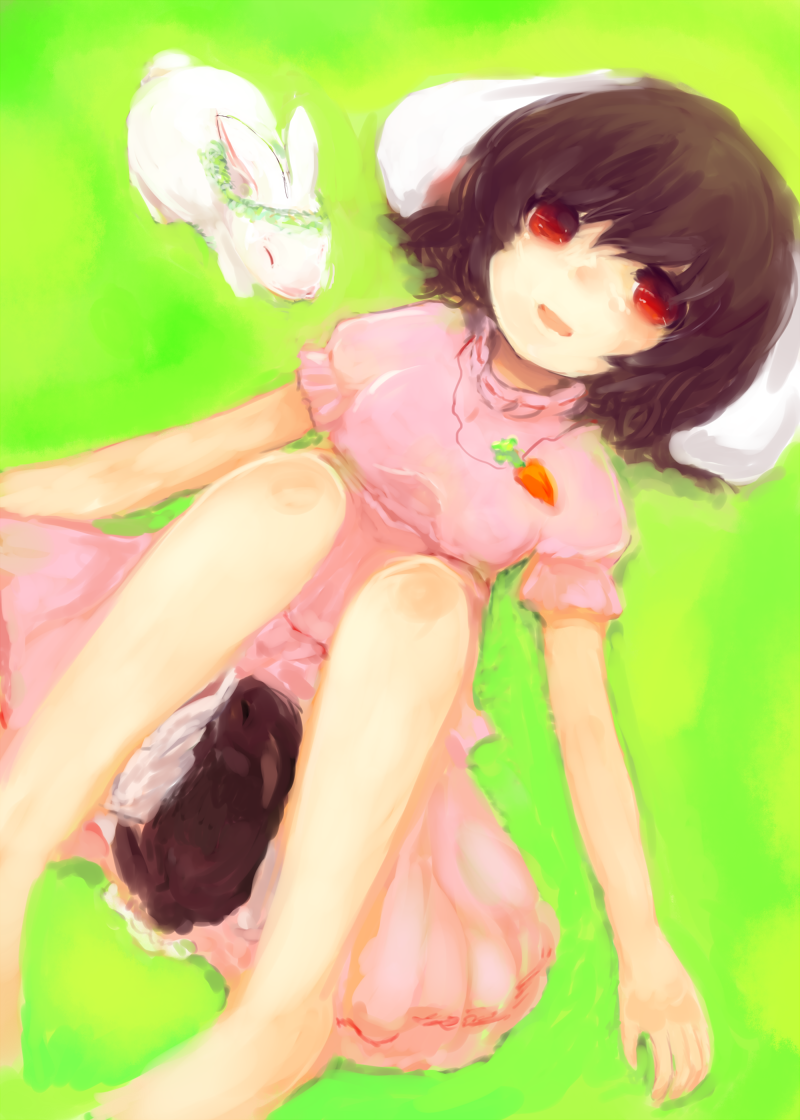 animal animal_ears bad_id bad_pixiv_id bare_legs barefoot black_hair bunny bunny_ears carrot carrot_necklace dress inaba_tewi jewelry lying maccha_cocoa_(mococo) necklace on_back open_mouth pendant red_eyes short_hair smile solo touhou