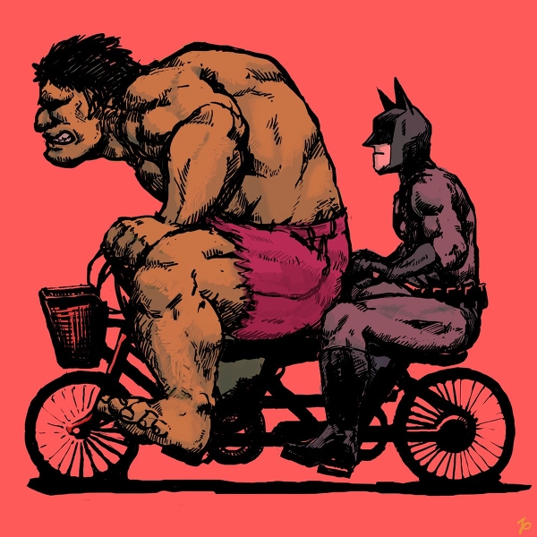 2boys batman batman_(series) bicycle black_hair bruce_wayne cape crossover dc_comics green_skin hulk male male_focus marvel mask multiple_boys muscle pixiv_thumbnail resized