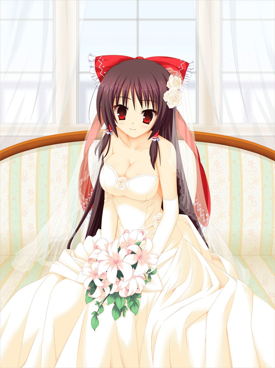 bare_shoulders blush bow breasts bridal_veil bride brown_hair chair cleavage dress elbow_gloves flower gloves hair_tubes hakurei_reimu kom_(1323736) large_breasts looking_at_viewer md5_mismatch red_eyes sitting smile solo touhou veil wedding_dress window