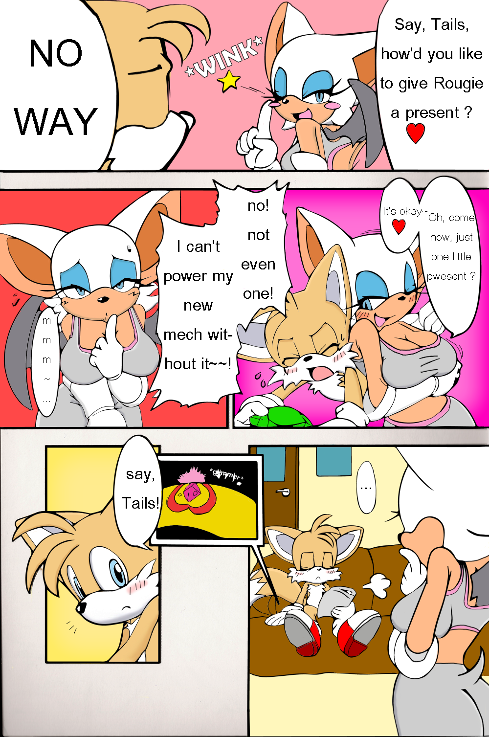 anthro bat big_breasts blue_eyes blush breasts canine chaos_emerald cleavage clothed clothing comic dialog dialogue emerald english_text female fox gem hair male mammal michiyoshi miles_prower orange_hair rouge_the_bat sega smile sonic_(series) text white_hair wings