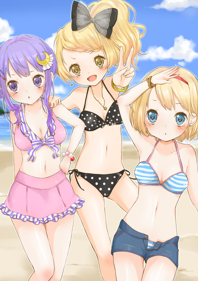 :&lt; alice_margatroid alternate_hairstyle bad_id bad_pixiv_id beach bikini blonde_hair blue_eyes bracelet breasts brown_eyes cleavage crescent crescent_hair_ornament denim denim_shorts hair_ornament hair_ribbon hairband hairclip jewelry kirisame_marisa long_hair medium_breasts midriff mnmktn multiple_girls necklace open_mouth patchouli_knowledge purple_eyes purple_hair ribbon shorts smile swimsuit touhou unbuttoned v