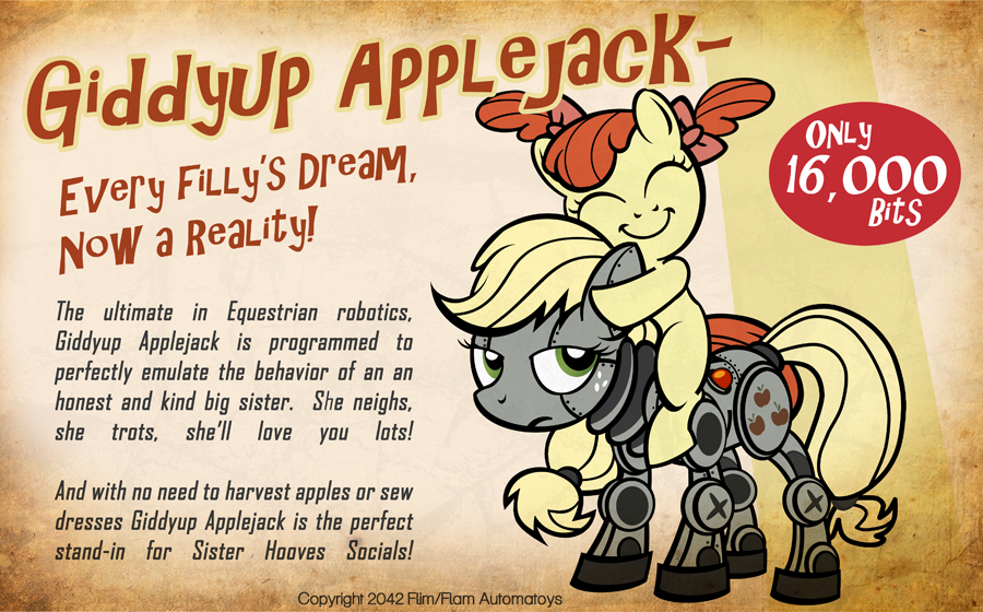 advertisement apple_bloom_(mlp) applejack_(mlp) blonde_hair couple cutie_mark english_text equine eyes_closed fallout_3 female freckles friendship_is_magic hair horse hug machine mechanical my_little_pony pigtails pixelkitties pony robot