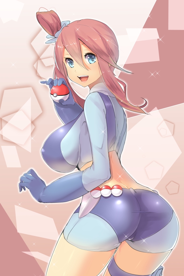 ass blue_eyes breasts covered_nipples from_behind fuuro_(pokemon) gloves gym_leader hair_ornament holding holding_poke_ball huge_breasts magister_(medical_whiskey) midriff open_mouth poke_ball poke_ball_(generic) pokemon pokemon_(game) pokemon_bw red_hair shorts smile solo tail tail_through_clothes thigh_strap topknot