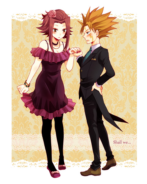 blush bracelet couple crow_hogan dress flower formal hair_accessory hair_ornament izayoi_aki jewelry necklace orange_hair red_hair short_hair suit yu-gi-oh! yuu-gi-ou_5d's yuu-gi-ou_5d's