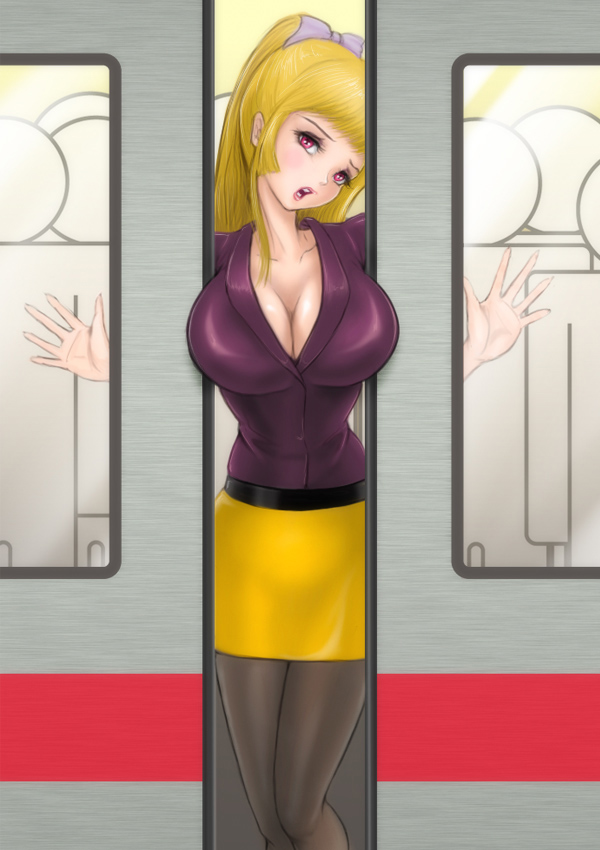 1girl blonde_hair breasts coco_(pixiv_artist_1131293) large_breasts open_mouth red_eyes stuck train trapped