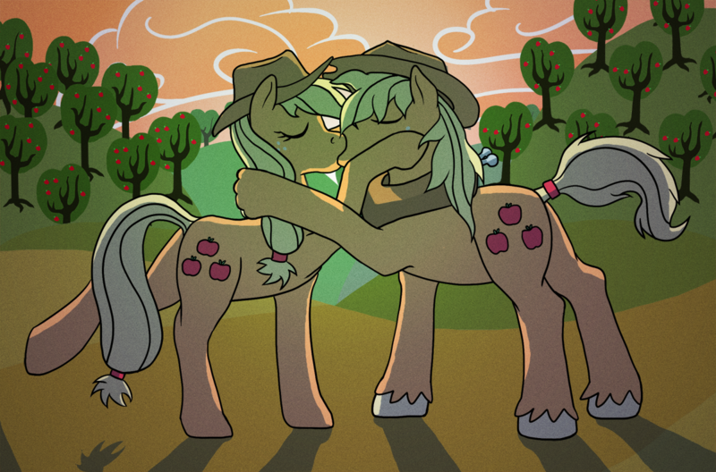 applejack_(mlp) blonde_hair couch-crusader cowboy_hat crossgender cutie_mark duo equine eyes_closed female feral freckles friendship_is_magic hair hat horse kissing male mammal my_little_pony outside pony selfcest square_crossover straight tail_wrap tree wood